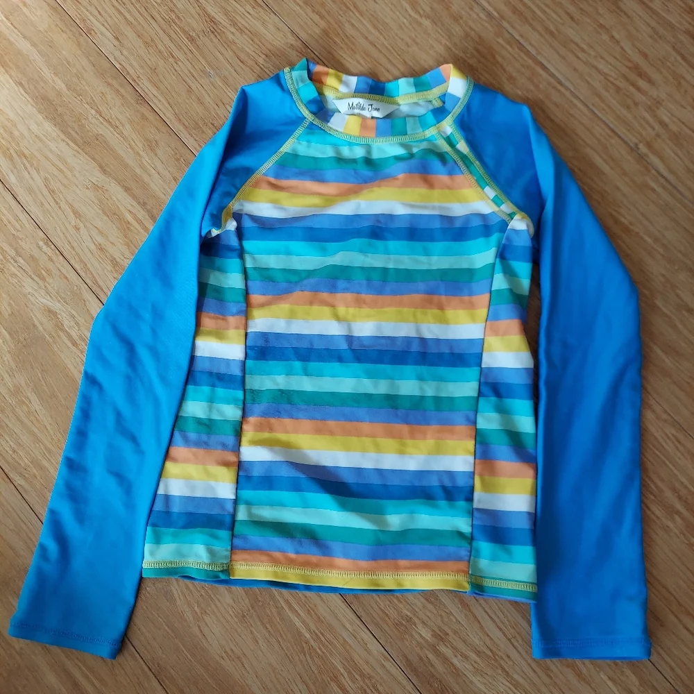 ⭐️ 5/$30 Matilda Jane Rashguard, Size 8, unisex, blue orange stripes